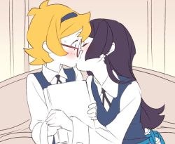 Rule 34 | 10s, 2girls, barbara parker, black hair, blue hairband, blush, book, colored skin, couple, drawfag, closed eyes, female focus, flat color, freckles, glasses, hairband, holding hands, holding, holding book, kiss, little witch academia, long hair, long sleeves, looking at another, lotte jansson, multiple girls, neck, orange hair, red-framed eyewear, semi-rimless eyewear, short hair, side-by-side, surprised, sweatdrop, upper body, wand, white skin, witch, yuri
