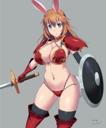 Rule 34 | 1girl, animal ears, armor, artist name, bikini armor, black thighhighs, blue eyes, blush, breasts, charlotte e. yeager, cleavage, closed mouth, collarbone, dated, fumie umetora, gloves, grey background, hair ornament, hairband, highres, large breasts, looking at viewer, navel, orange hair, rabbit ears, rabbit girl, red gloves, red thighhighs, shield, simple background, smile, solo, strike witches, sword, thighhighs, weapon, world witches series