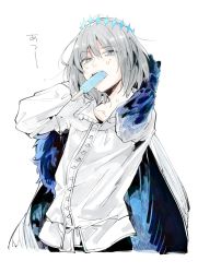 Rule 34 | 1boy, blue eyes, cape, crown, fate/grand order, fate (series), food, food in mouth, male focus, oberon (fate), oberon (third ascension) (fate), oyu (oigatsu o), popsicle, silver hair, spoilers, sweat, upper body, white background