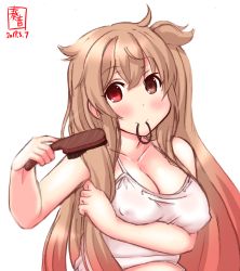 Rule 34 | 1girl, alternate costume, artist logo, breasts, brown eyes, brushing hair, brushing own hair, camisole, cleavage, collarbone, commentary request, dated, gradient hair, hair brush, heterochromia, highres, kanon (kurogane knights), kantai collection, large breasts, light brown hair, long hair, mouth hold, multicolored hair, murasame (kancolle), red eyes, rubber band, simple background, solo, two side up, upper body, white background