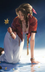 Rule 34 | 1girl, aerith gainsborough, artist name, bow, bracelet, braid, brown hair, cropped jacket, dress, final fantasy, final fantasy vii, final fantasy vii remake, flower, g-tz, hair bow, highres, holding, holding flower, jacket, jewelry, kneeling, lips, long hair, pink bow, red jacket, sidelocks, solo