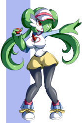 Rule 34 | 1girl, absurdres, arm up, black pantyhose, blue footwear, breasts, cleavage, cleavage cutout, clothed pokemon, clothing cutout, collarbone, colored skin, cosplay, creatures (company), double bun, female focus, full body, game freak, gardevoir, gen 3 pokemon, green hair, green skin, hair bun, hair over one eye, hand up, hat, highres, holding, holding poke ball, long hair, lucyfer, multicolored skin, nintendo, open mouth, outstretched arm, pantyhose, pigeon-toed, pink hat, pink socks, poke ball, poke ball (basic), pokemon, pokemon bw2, red eyes, rosa (pokemon), rosa (pokemon) (cosplay), shiny clothes, shiny skin, shirt, shoes, short shorts, shorts, simple background, socks, solo, standing, twintails, two-tone background, two-tone skin, visor cap, white shirt, white skin, wide hips, yellow shorts
