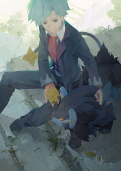 Rule 34 | 1boy, a-shacho, black footwear, black jacket, black pants, blood, blue eyes, closed mouth, collared shirt, commentary request, creatures (company), feeding, food, fruit, game freak, gen 4 pokemon, grey hair, highres, holding, holding food, holding fruit, injury, jacket, long sleeves, luxray, male focus, necktie, nintendo, outdoors, pants, pokemon, pokemon (creature), pokemon oras, red neckwear, shirt, sitting, sitting on stairs, smile, stairs, star (symbol), steven stone, white shirt, wing collar