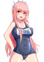 Rule 34 | 1girl, bare arms, bare shoulders, blue one-piece swimsuit, blunt bangs, blush, breasts, cleavage, collarbone, covered erect nipples, cowboy shot, fang, fate/grand order, fate (series), hand on own hip, highres, kihou no gotoku dmc, large breasts, long hair, looking at viewer, medb (fate), navel, one-piece swimsuit, orange eyes, pink hair, simple background, skin fang, solo, swimsuit, translation request, white background