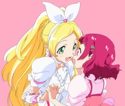 Rule 34 | 10s, 2girls, :d, blonde hair, blush, choker, commentary request, cure rhythm, earrings, eye contact, green eyes, hair ornament, hairband, holding hands, heart, heart earrings, hugtto! precure, interlocked fingers, jewelry, long hair, looking at another, magical girl, minamino kanade, multiple girls, nono hana, open mouth, pink background, ponytail, precure, puffy short sleeves, puffy sleeves, red eyes, red hair, short hair, short sleeves, simple background, smile, suite precure, umanosuke, white choker, white hairband, x hair ornament, yuri