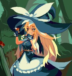 Rule 34 | 1girl, black gloves, black hat, blonde hair, bow, breasts, brodall pixel, brown eyes, gloves, grin, hat, hat bow, hat ribbon, highres, holding, holding mushroom, kirisame marisa, large breasts, mushroom, outdoors, parted lips, pixel art, ribbon, short sleeves, smile, solo, teeth, touhou, white bow, white ribbon, witch hat