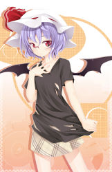 Rule 34 | 1girl, alternate costume, bad id, bad pixiv id, bat wings, bespectacled, contemporary, female focus, glasses, hat, light purple hair, mob cap, ogami kazuki, red-framed eyewear, red eyes, remilia scarlet, shirt, short hair, solo, torn clothes, torn shirt, touhou, wings