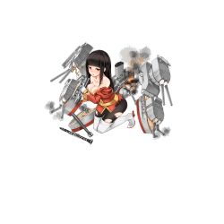 Rule 34 | 15k, 1girl, black hair, black pantyhose, boots, breasts, cannon, cape, clarinet, cleavage, damaged, full body, hat, instrument, kneeling, large breasts, long hair, looking at viewer, machinery, official art, pantyhose, red eyes, royal oak (warship girls r), skirt, solo, thigh boots, thighhighs, torn clothes, torn legwear, torpedo, transparent background, turret, uniform, warship girls r, white footwear, white thighhighs