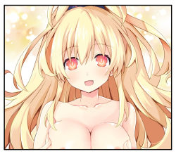 Rule 34 | 1girl, :d, bare shoulders, blonde hair, blush, breasts, breasts squeezed together, cleavage, commentary request, fang, grabbing, grabbing another&#039;s breast, grabbing own breast, hair between eyes, hands on own chest, hands up, highres, iwashi dorobou -r-, kami jigen game neptune v, large breasts, long hair, looking at viewer, neptune (series), open mouth, orange eyes, out-of-frame censoring, pish, ponytail, power symbol, power symbol-shaped pupils, smile, solo, symbol-shaped pupils, topless, upper body, yellow eyes, yellow heart (neptunia)