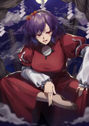 Rule 34 | 1girl, absurdres, breasts, commentary request, dullahan, hair ornament, highres, indian style, large breasts, layered sleeves, leaf hair ornament, long sleeves, looking at viewer, maguri rei, mirror, open mouth, outdoors, purple hair, red eyes, red shirt, red skirt, shide, shirt, short hair, short over long sleeves, short sleeves, sitting, skirt, solo, touhou, yasaka kanako