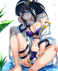 Rule 34 | 1girl, aona (anagasaki), bare shoulders, bikini, black hair, blue bikini, blue eyes, breasts, cleavage, collarbone, earrings, glasses, granblue fantasy, hairband, highres, illnott (granblue fantasy), illnott (summer) (granblue fantasy), jacket, jewelry, large breasts, long hair, long sleeves, looking at viewer, navel, off shoulder, open clothes, open jacket, see-through, see-through jacket, smile, solo, swimsuit, swimsuit cover-up