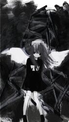 Rule 34 | 1girl, angel, angel wings, arms behind back, black dress, black footwear, black hair, bow, closed mouth, commentary request, dot mouth, dress, dress bow, empty eyes, expressionless, feet out of frame, greyscale, halo, highres, kneehighs, looking at viewer, medium hair, monochrome, noose, noroi (rnatataki), original, socks, solo, white bow, white socks, wings