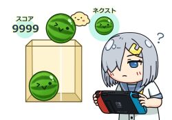 Rule 34 | ?, blue eyes, commentary request, food, fruit, grey hair, grey sailor collar, hair ornament, hair over one eye, hairclip, hama! (3toshinhmkz), hamakaze (kancolle), handheld game console, holding, holding handheld game console, kantai collection, neckerchief, nintendo switch, no nose, sailor collar, school uniform, serafuku, short hair, simple background, suika game, upper body, watermelon, white background, yellow neckerchief