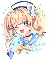 Rule 34 | 1girl, absurdres, alternate costume, barbara (genshin impact), blonde hair, blue eyes, bow, bowtie, english text, closed eyes, flower, genshin impact, hair flower, hair ornament, happy birthday, hat, highres, kokuchuutei, neckerchief, one eye closed, open mouth, smile, twintails, yellow bow, yellow bowtie