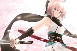 Rule 34 | 1girl, ahoge, arm guards, blonde hair, blurry, bow, breasts, cherry blossoms, closed mouth, depth of field, fate (series), hair between eyes, hair bow, half updo, holding, holding sword, holding weapon, katana, koha-ace, looking at viewer, medium breasts, obi, okita souji (fate), okita souji (koha-ace), outdoors, sash, sheath, short hair with long locks, shunichi, sidelocks, smile, solo, sword, unsheathed, upper body, weapon, yellow eyes