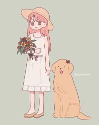 Rule 34 | . ., 1girl, arm at side, bare arms, blank eyes, bouquet, brown eyes, brown footwear, commentary request, dog, dress, emma (kumaema), flower, full body, green background, hat, highres, long hair, original, red flower, red hair, shoes, simple background, standing, straw hat, sun hat, twitter username, white dress, yellow flower