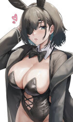 Rule 34 | 1girl, absurdres, animal ears, black bow, black bowtie, black hair, black jacket, black leotard, bow, bowtie, breasts, chainsaw man, cleavage, clothing cutout, detached collar, eyepatch, green eyes, hand up, heart, highleg, highleg leotard, highres, himeno (chainsaw man), jacket, large breasts, leotard, looking at viewer, navel cutout, noras, parted lips, playboy bunny, rabbit ears, short hair, simple background, solo, white background