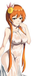 Rule 34 | 1girl, alternate breast size, breasts, brown eyes, brown hair, cleavage, collarbone, contrapposto, dress, flower, hair flower, hair ornament, hand on own cheek, hand on own face, hand up, highres, large breasts, long hair, looking at viewer, nisekoi, rororo, see-through, simple background, smile, solo, tachibana marika, wet, wet clothes, wet hair, white background, white dress