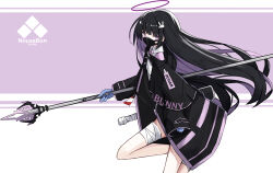 Rule 34 | 1girl, absurdres, bandaged leg, bandages, black coat, black hair, blue gloves, coat, collared shirt, colored inner hair, commission, gloves, hair ornament, halo, highres, holding, holding polearm, holding weapon, long hair, looking at viewer, mask, mouth mask, multicolored hair, necktie, open clothes, original, polearm, purple eyes, purple halo, purple necktie, rabbit hair ornament, shirt, skeb commission, solo, spear, straight hair, touko (toko12 tooko), weapon, white shirt