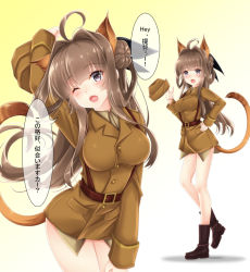 Rule 34 | 1girl, ahoge, baretto, baretto (firearms 1), breasts, brown hair, cosplay, cowboy shot, double bun, from side, full body, hair bun, hairband, headgear, impossible clothes, kantai collection, katharine ohare, kongou (kancolle), large breasts, lips, long hair, multiple views, purple eyes, sidelocks, strike witches, strike witches: suomus misfits squadron, thighs, translated, world witches series