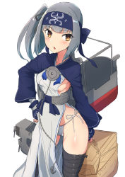 Rule 34 | 1girl, ainu clothes, anchor, black ribbon, black thighhighs, blush, breasts, brown eyes, chain, collarbone, comala (komma la), cosplay, cropped jacket, dress, feet out of frame, fundoshi, grey hair, hair ribbon, highres, holding, japanese clothes, kamoi (kancolle), kamoi (kancolle) (cosplay), kantai collection, kasumi (kancolle), long hair, long sleeves, machinery, open mouth, ribbon, rigging, side ponytail, simple background, sleeveless, sleeveless dress, small breasts, solo, thighhighs, white background, white dress