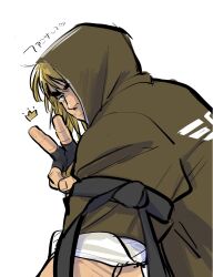 Rule 34 | 1boy, blonde hair, coat, crown, emoji, highres, hood, hood up, jitome, ken masters, large hands, looking at viewer, looking back, male focus, medium hair, mismatched eyebrows, muscular, muscular male, solo, sparse stubble, street fighter, street fighter 6, szknkrsti, thick eyebrows, upper body, v