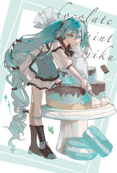 1girl :o absurdly_long_hair aqua_eyes aqua_hair asymmetrical_hair black_footwear cake chocolate dress drill_hair english_text food full_body hair_tie hatsune_miku highres holding icing long_hair macaron open_mouth pye_yyy signature sleeves_past_wrists standing twintails very_long_hair vocaloid