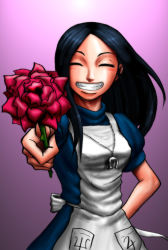 Rule 34 | alice: madness returns, alice (alice in wonderland), alice in wonderland, alice liddell (american mcgee&#039;s alice), american mcgee&#039;s alice, apron, black hair, blush, ceramic man, closed eyes, dress, flower, jewelry, necklace, rose, smile