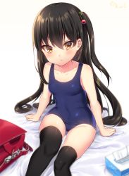 Rule 34 | 1girl, backpack, bad id, bad pixiv id, bag, black hair, black thighhighs, blue one-piece swimsuit, blurry, breasts, brown eyes, covered navel, depth of field, hair ornament, highres, long hair, looking at viewer, navy (navy.blue), old school swimsuit, one-piece swimsuit, one side up, original, randoseru, school swimsuit, sitting, small breasts, solo, swimsuit, tan, tanline, thighhighs, tissue box