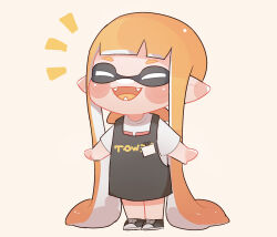 Rule 34 | 1girl, :d, ^ ^, aged down, apron, black apron, black footwear, blunt bangs, blush, blush stickers, child, closed eyes, colored tongue, commentary request, fangs, full body, highres, iguana152588, inkling, inkling girl, inkling player character, long hair, name tag, nintendo, notice lines, open mouth, orange hair, orange tongue, pointy ears, shirt, shoes, short eyebrows, short sleeves, sidelocks, simple background, smile, sneakers, solo, splatoon (series), splatoon 2, standing, t-shirt, teeth, tentacle hair, very long hair, white background, white shirt