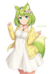 Rule 34 | 1girl, animal ear fluff, animal ears, blush, bob cut, closed mouth, cowboy shot, daisy, dress, flower, fox ears, fox tail, green eyes, green fox (sasaame), green hair, hair flower, hair ornament, hands up, head wreath, heart, heart necklace, jacket, legs together, long sleeves, looking at viewer, medium hair, necklace, open clothes, open jacket, original, pink flower, purple flower, sasaame, signature, simple background, smile, solo, symbol-only commentary, tail, twitter username, white background, white dress, white flower, yellow flower, yellow jacket