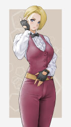 Rule 34 | 1girl, belt, black bow, black bowtie, black gloves, blonde hair, blue eyes, border, bow, bowtie, breasts, collared shirt, cowboy shot, fingerless gloves, frilled shirt, frills, gloves, grey background, hair behind ear, hand in own hair, highres, king (snk), long sleeves, looking at viewer, medium breasts, pants, parted bangs, red pants, red vest, ryuuko no ken, shirt, short hair, solo, standing, the king of fighters, vest, waistcoat, white border, white shirt, x chitch