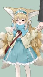 Rule 34 | 1girl, 1other, :d, ^ ^, animal ears, arknights, bag, blonde hair, blue hairband, blue scarf, blue skirt, blush, cardigan, closed eyes, colored tips, cross-laced clothes, cross-laced skirt, cross-laced slit, feet out of frame, fox ears, fox girl, fox tail, frilled hairband, frills, green background, hairband, highres, holding hands, kitsune, kyuubi, long hair, long sleeves, multicolored hair, multiple tails, neck ribbon, official alternate costume, open mouth, pantyhose, puffy long sleeves, puffy sleeves, red ribbon, ribbon, scarf, shirt, shoulder bag, simple background, skirt, smile, solo focus, standing, suzuran (arknights), suzuran (spring praise) (arknights), tail, two-tone hair, waichi, white hair, white pantyhose, white shirt, yellow cardigan