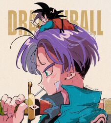 Rule 34 | 2boys, black hair, blue jacket, chibi, dougi, dragon ball, dragonball z, english text, highres, holding, holding sword, holding weapon, jacket, knife, mow pic, multiple boys, purple hair, short hair, simple background, size difference, son goten, sword, trunks (dragon ball), trunks (future) (dragon ball), weapon