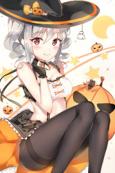 Rule 34 | 1girl, black gloves, black pantyhose, blush, bow, breasts, cleavage, crescent, drill hair, ginn (hzh770121), gloves, halloween, hat, hat bow, hat ornament, highres, idolmaster, idolmaster cinderella girls, jack-o&#039;-lantern, jack-o&#039;-lantern ornament, kanzaki ranko, looking at viewer, midriff, neck ribbon, pantyhose, partially fingerless gloves, red eyes, ribbon, ribbon trim, silver hair, skirt, smile, solo, star (symbol), suspenders, thighband pantyhose, twin drills, witch hat