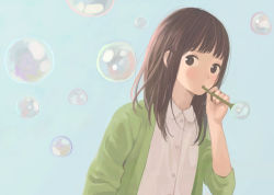Rule 34 | 1girl, blue background, brown eyes, brown hair, bubble, bubble background, blowing bubbles, bubble pipe, buttons, collared shirt, dress shirt, jacket, long sleeves, looking at viewer, medium hair, nakamura hinata, open clothes, open jacket, original, shirt, simple background, solo, upper body, white shirt