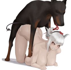 Rule 34 | 1girl, all fours, angry, bent over, bestiality, breast press, breasts, cheezebawls, clenched teeth, completely nude, cum, cum overflow, curvy, demon girl, demon tail, doberman, dog, doggystyle, frown, full body, hair bun, helltaker, horns, huge breasts, looking back, lucifer (helltaker), makeup, mascara, nude, rape, runny makeup, sex, sex from behind, short hair, tagme, tail, teeth, white hair