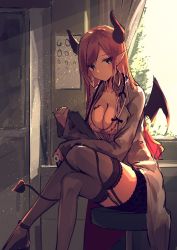 Rule 34 | 1girl, absurdres, bat tattoo, black skirt, breast tattoo, breasts, cleavage, clipboard, closed mouth, crossed legs, demon girl, demon horns, demon tail, demon wings, garter straps, green eyes, highres, hololive, horns, inaba teitoku, indoors, lace, lace-trimmed legwear, lace trim, large breasts, long hair, long sleeves, looking at viewer, nurse, pointy ears, sitting, skirt, sleeves past wrists, solo, stethoscope, stool, sunlight, tail, tattoo, thighhighs, thighs, virtual youtuber, wings, yuzuki choco, yuzuki choco (1st costume), zettai ryouiki