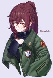 Rule 34 | 1girl, black shirt, bright pupils, cleavage cutout, closed mouth, clothing cutout, commentary, cropped torso, dyadyadya, earrings, eden (honkai impact), english commentary, glasses, green jacket, grey background, hair between eyes, highres, honkai (series), honkai impact 3rd, jacket, jewelry, looking at viewer, looking up, patch, pin, ponytail, purple hair, shirt, shoulder patch, simple background, smile, solo, twitter username, white pupils, yellow-framed eyewear, yellow eyes