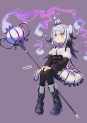 Rule 34 | 1girl, black footwear, black hair, black pantyhose, blush, boots, breasts, brown eyes, chandelure, closed mouth, collared shirt, creatures (company), crown, dress shirt, frilled skirt, frills, game freak, gen 5 pokemon, grey background, hands on own knees, hitodama, juliet sleeves, long hair, long sleeves, looking at viewer, mini crown, moti yousei, multicolored hair, nintendo, pantyhose, personification, pokedex number, pokemon, puffy sleeves, shirt, silver hair, simple background, skirt, small breasts, solo, staff, striped clothes, striped skirt, tilted headwear, two-tone hair, two side up, v-shaped eyebrows, vertical-striped clothes, vertical-striped skirt, very long hair, white shirt, white skirt