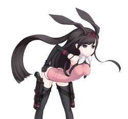 Rule 34 | 1girl, animal ears, arched back, ass, bare shoulders, bent over, black hair, elbow gloves, gloves, gun, hand on own hip, handgun, hip focus, kazuoki, latex, latex gloves, leaning forward, long hair, original, purple eyes, rabbit ears, simple background, smile, solo, thigh strap, thighhighs, very long hair, weapon