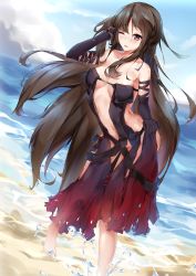 Rule 34 | 1girl, absurdres, adapted costume, adjusting hair, bare shoulders, barefoot, beach, black gloves, blue sky, blush, breasts, breasts apart, brown hair, collarbone, day, elbow gloves, fate/grand order, fate (series), gloves, hair between eyes, heroic spirit festival outfit, highres, large breasts, long hair, looking at viewer, medium breasts, navel, ocean, one eye closed, open mouth, qinshi-ji, red eyes, sky, solo, standing, swimsuit, very long hair, wet, yu mei-ren (fate), yu mei-ren (festival outfit) (fate)