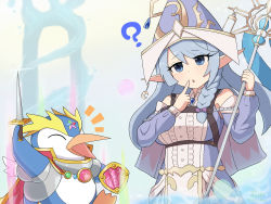 Rule 34 | 1girl, 1other, ?, absurdres, bird, blue eyes, blue hair, braid, commentary, detached sleeves, dress, duel monster, ear piercing, elf, hat, highres, holding, holding shield, holding staff, holding sword, holding weapon, leto mume, long hair, looking at another, name connection, penguin, penguin brave, piercing, pointy ears, rite of aramesir, shield, side braid, signature, size difference, staff, strapless, strapless dress, sword, translated, water enchantress of the temple, weapon, witch hat, yu-gi-oh!