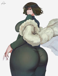 Rule 34 | 1girl, araneesama, ass, breasts, coat, curvy, cutesexyrobutts (style), dark green hair, dress, fubuki (one-punch man), fur coat, green dress, green eyes, green hair, green leotard, huge ass, jewelry, large breasts, leotard, lips, long dress, looking to the side, necklace, one-punch man, short hair, sideboob, signature, simple background, smile, thick thighs, thighs, white background, white coat