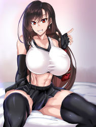 Rule 34 | 1girl, adjusting clothes, bare shoulders, bed, black skirt, breasts, brown hair, cleavage, clenched teeth, earrings, elbow gloves, female focus, final fantasy, final fantasy vii, fingerless gloves, gloves, groin, hand up, happy, highres, huge breasts, index finger raised, jewelry, legs, long hair, looking at viewer, midriff, navel, on bed, puripuri jet, red eyes, simple background, sitting, skirt, smile, solo, square enix, suspender skirt, suspenders, tank top, teeth, thick thighs, thighhighs, thighs, tifa lockhart, white tank top, zettai ryouiki