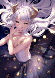 Rule 34 | 1girl, artist name, bare arms, bare shoulders, black skirt, blue nails, blush, braid, breasts, brown eyes, cleavage, collarbone, covered mouth, crescent, curled horns, fingernails, floating hair, hands up, highres, horns, long hair, looking at viewer, medium breasts, nail polish, original, rosuuri, skirt, solo, star (symbol), very long hair, watermark, web address, white hair