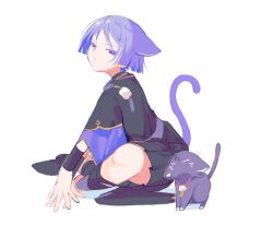 Rule 34 | 0 mix 9, 1boy, animal ears, armor, cat, cat boy, cat ears, cat tail, closed eyes, closed mouth, commentary, from side, genshin impact, highres, japanese armor, japanese clothes, kote, kurokote, male focus, nuzzle, own hands together, purple eyes, purple hair, scaramouche (cat) (genshin impact), scaramouche (genshin impact), simple background, sitting, tail, white background, wide sleeves