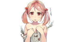 Rule 34 | 10s, blush, burnt clothes, check commentary, commentary request, hair ornament, hands on own chest, kantai collection, ken sogen, open mouth, partially undressed, pink hair, red eyes, sazanami (kancolle), simple background, smoke, white background