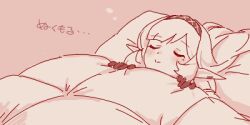 Rule 34 | 1girl, blanket, blue archive, blush, closed eyes, closed mouth, comforter, gloves, hairband, head on pillow, himari (blue archive), holding, holding blanket, long hair, long pointy ears, lowres, lying, maibotsumou, mole, mole under eye, monochrome, oekaki, on back, pointy ears, red theme, sleeping, smile, solo, translation request, under covers, upper body