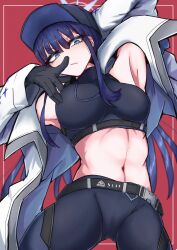 Rule 34 | 1girl, arm up, armpits, bare shoulders, baseball cap, belt, black belt, black gloves, black hat, black pants, black shirt, blue archive, blue eyes, blue hair, breasts, coat, commentary, cowboy shot, crop top, gloves, hat, highres, large breasts, leggings, long hair, long sleeves, looking at viewer, midriff, navel, open clothes, open coat, pants, red background, saori (blue archive), shirt, solo, standing, stomach, tettsui kusuru, thighs, v-shaped eyebrows, very long hair, white coat
